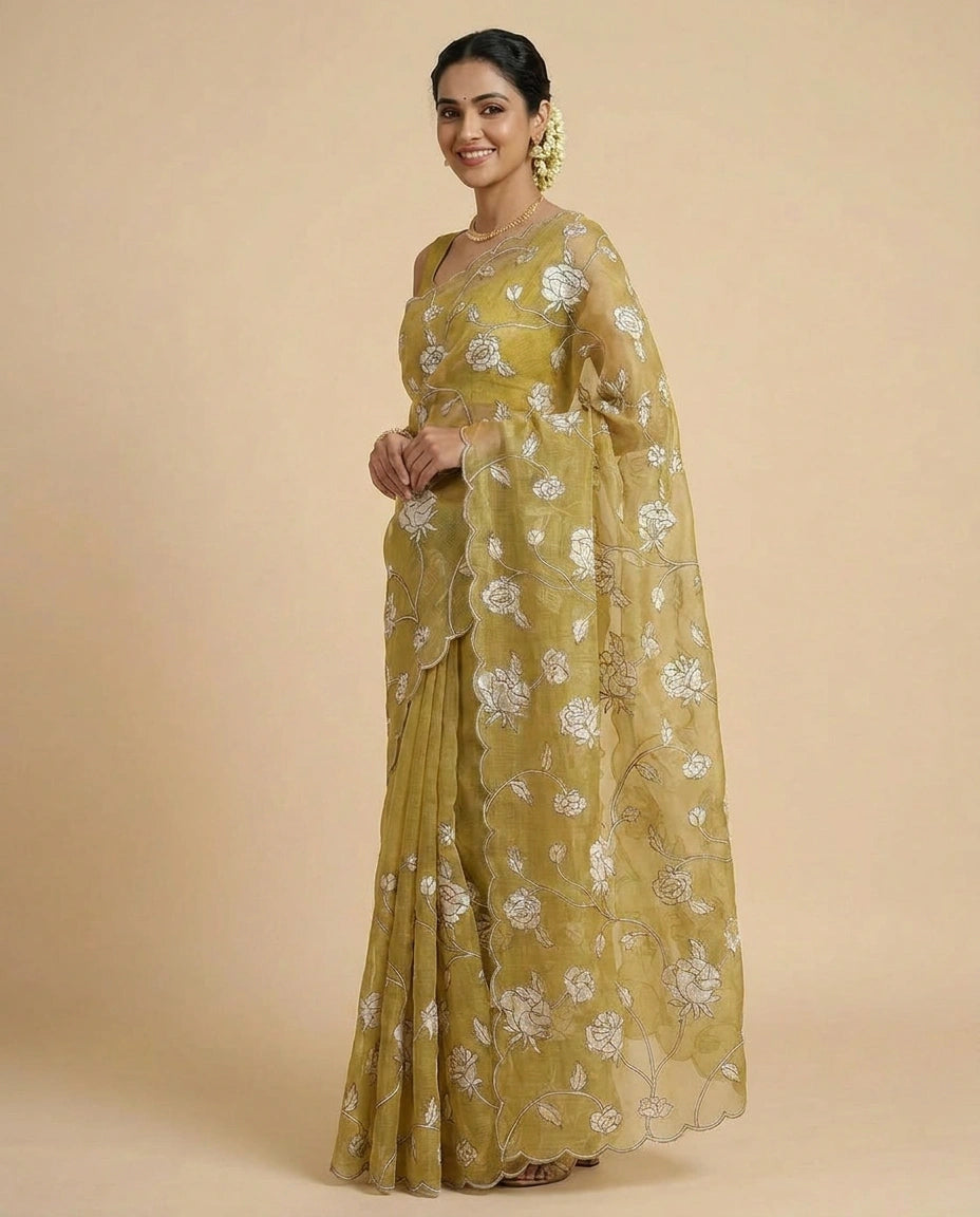 Kota Saree with Hand-Embroidered Floral Motifs on Border view 11