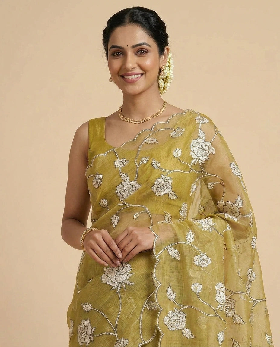 Kota Saree with Hand-Embroidered Floral Motifs on Border view 12