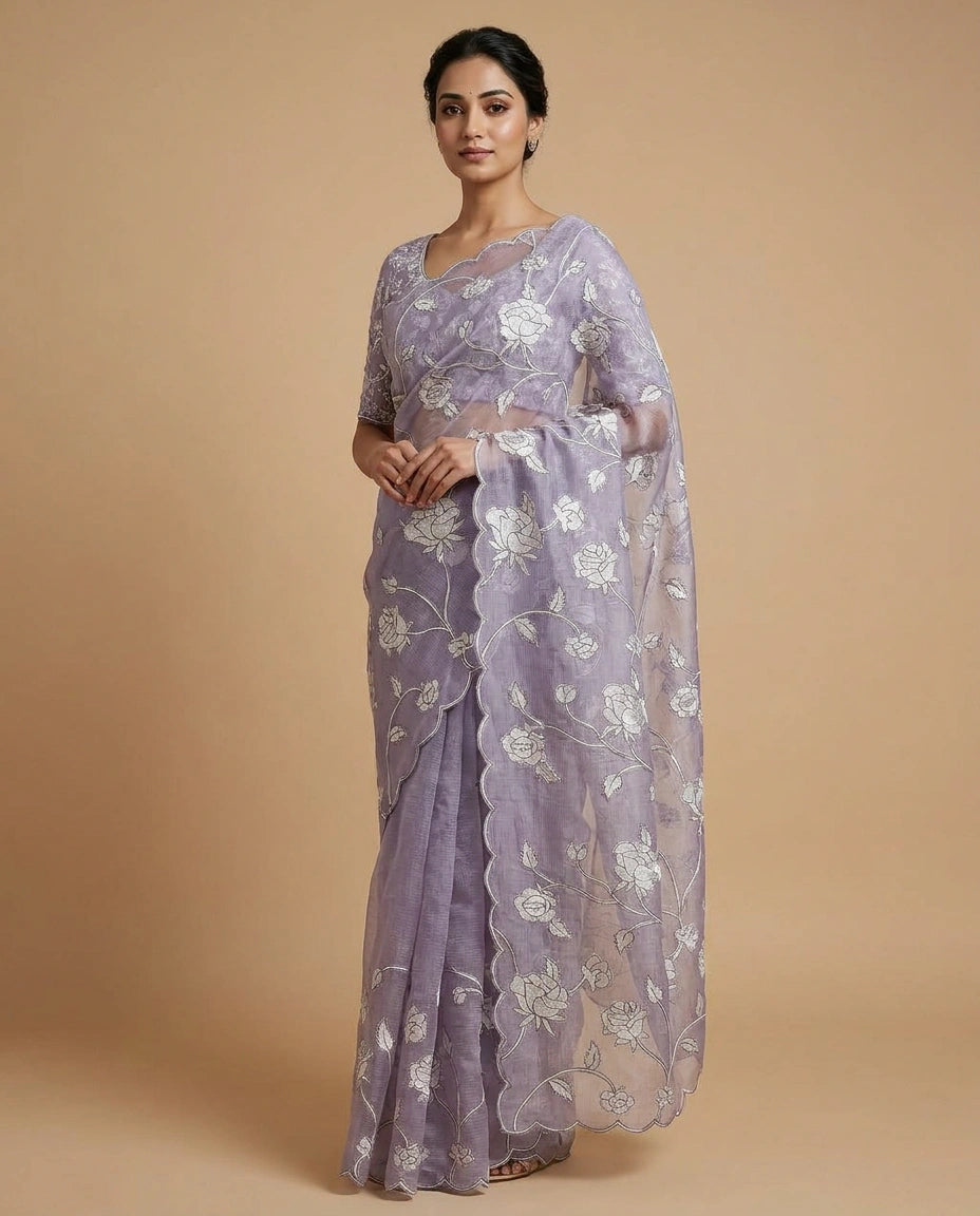 Kota Saree with Hand-Embroidered Floral Motifs on Border view 13