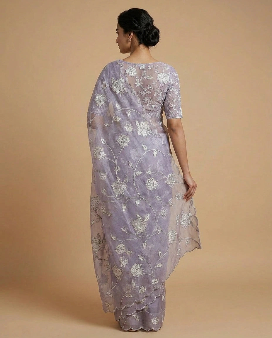 Kota Saree with Hand-Embroidered Floral Motifs on Border view 14