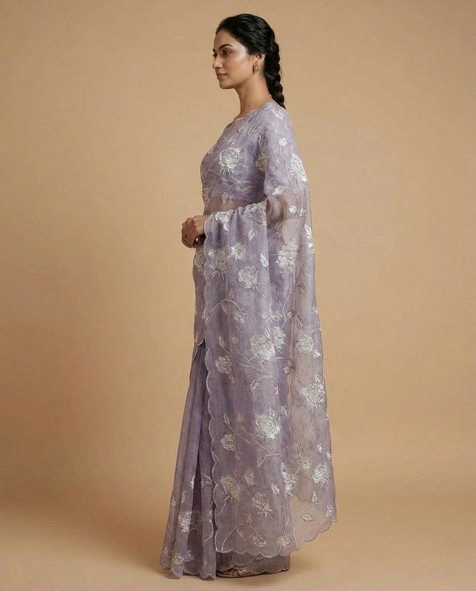 Kota Saree with Hand-Embroidered Floral Motifs on Border view 15