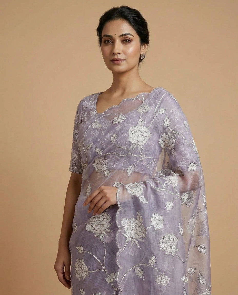 Kota Saree with Hand-Embroidered Floral Motifs on Border view 16