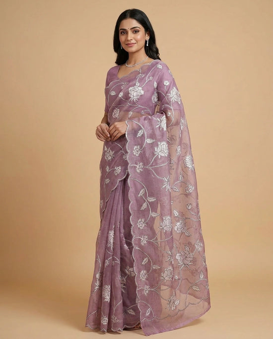 Firozi Blue Kota Saree with Hand-Embroidered Floral Motifs on Border