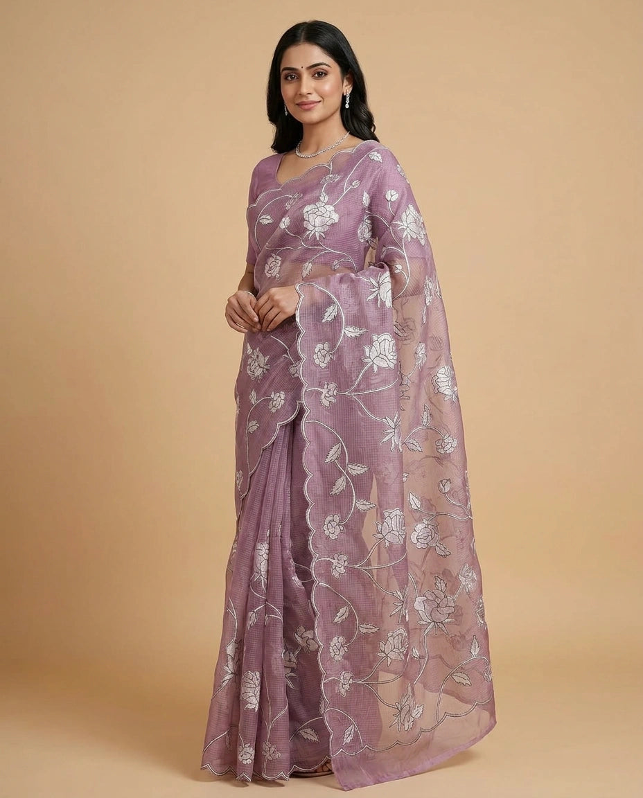 Firozi Blue Kota Saree with Hand-Embroidered Floral Motifs on Border