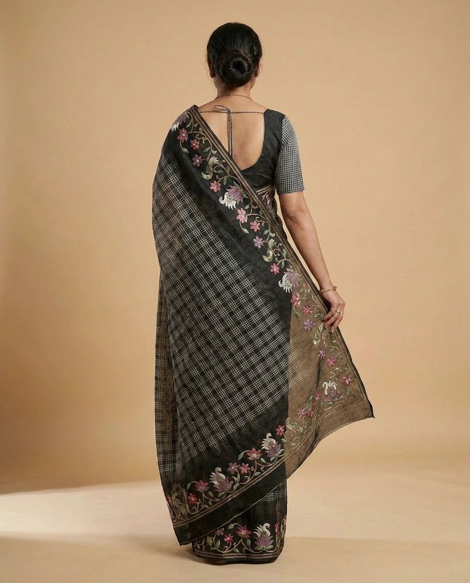 Tussar Linen Blend Saree with Ethnic Embroidery Work India view 2