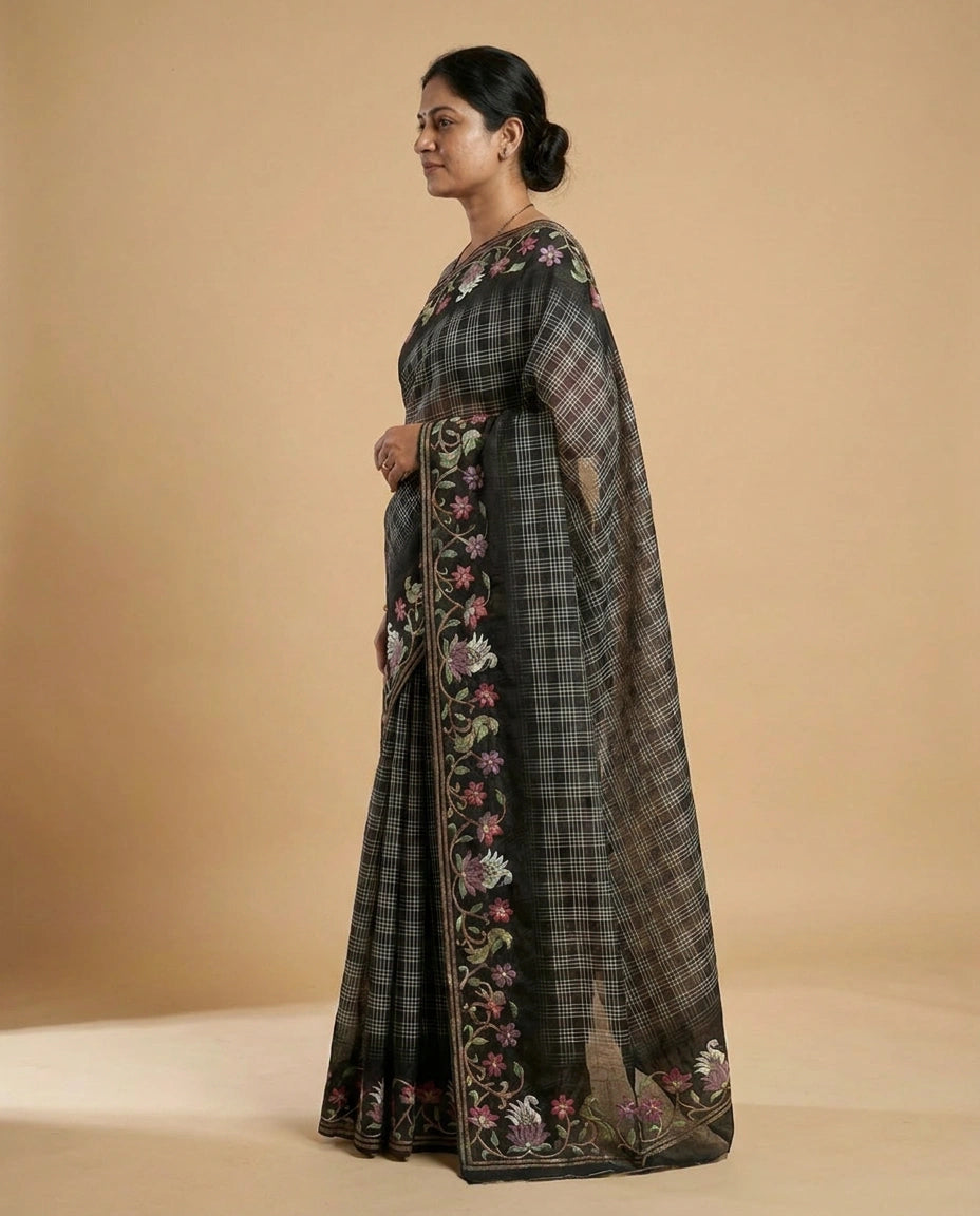 Tussar Linen Blend Saree with Ethnic Embroidery Work India view 3