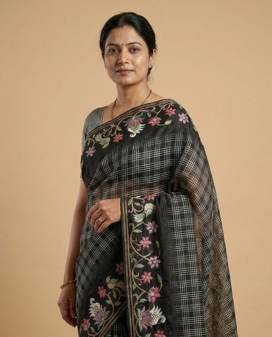 Tussar Linen Blend Saree with Ethnic Embroidery Work India view 4