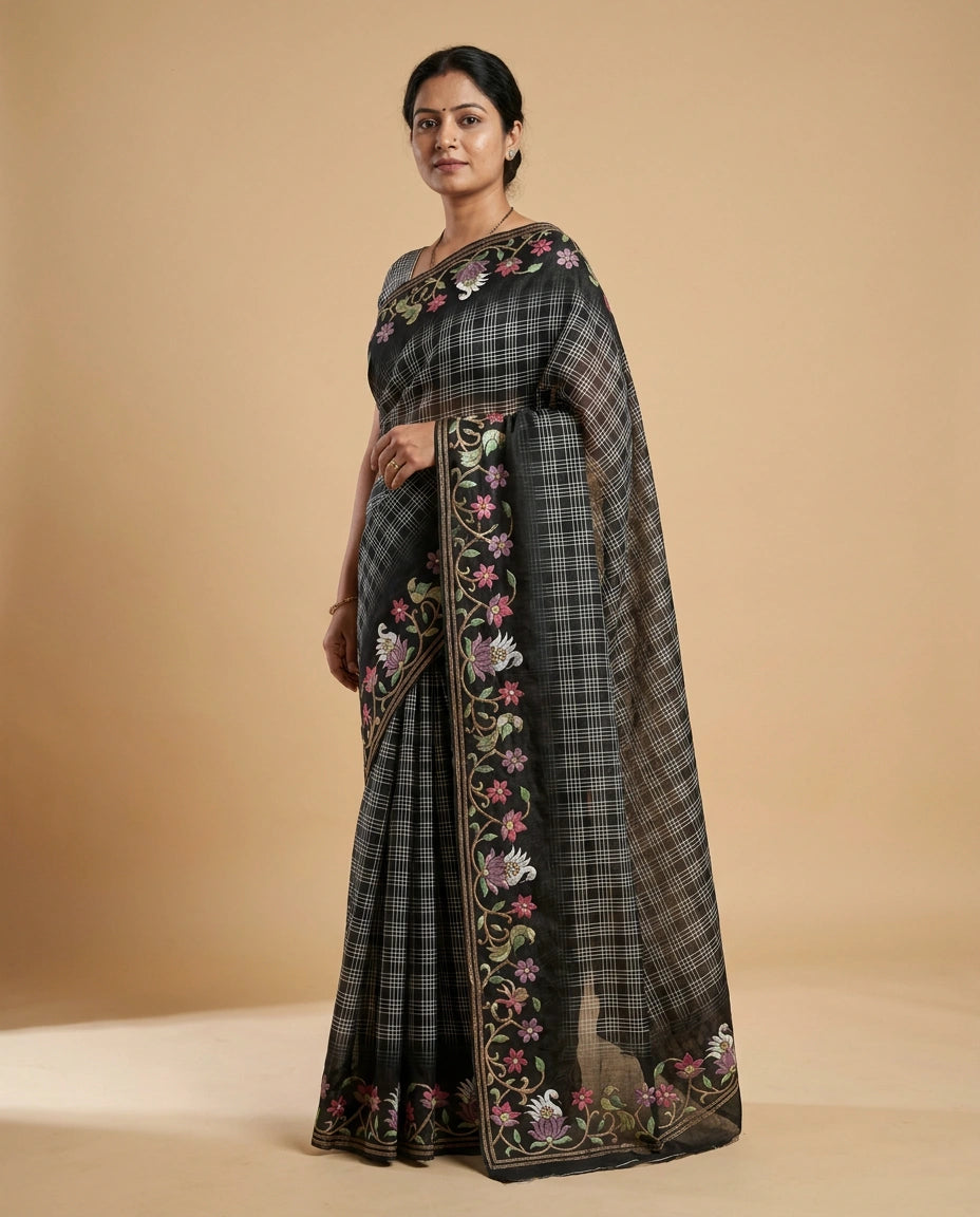 Black Tussar Linen Blend Saree with Ethnic Embroidery Work India