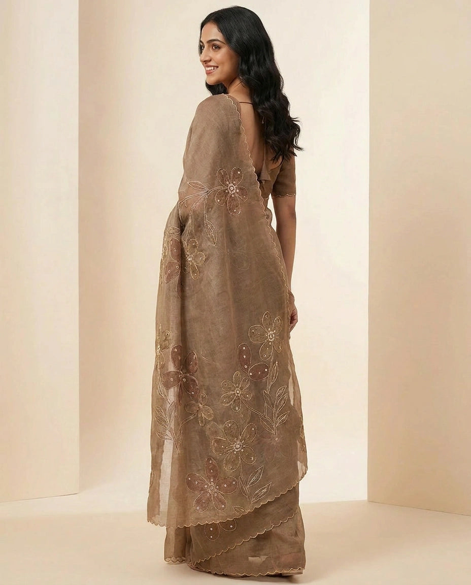 Linen Tissue Saree with Ethnic Embroidery Motif and Border view 2