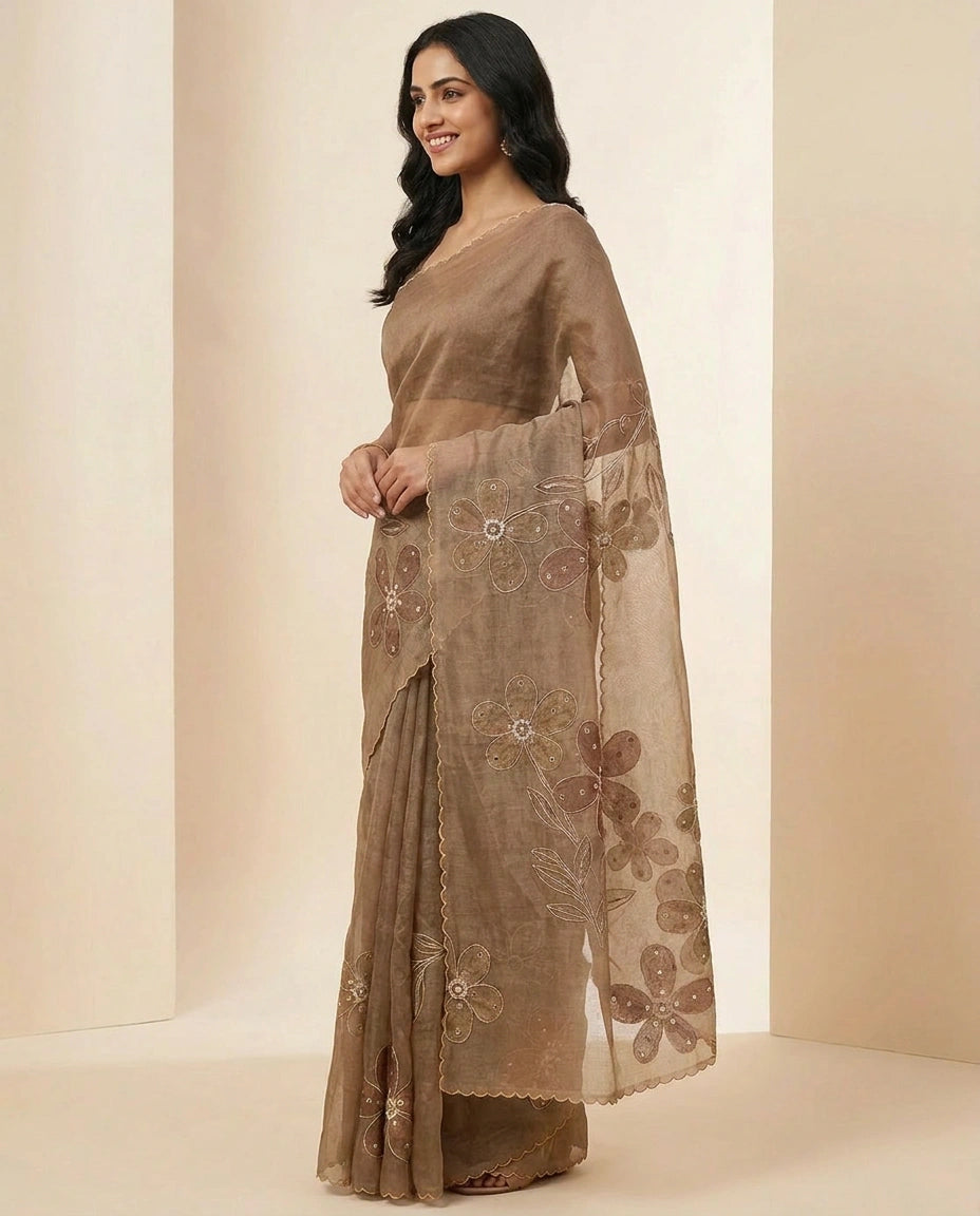 Linen Tissue Saree with Ethnic Embroidery Motif and Border view 3