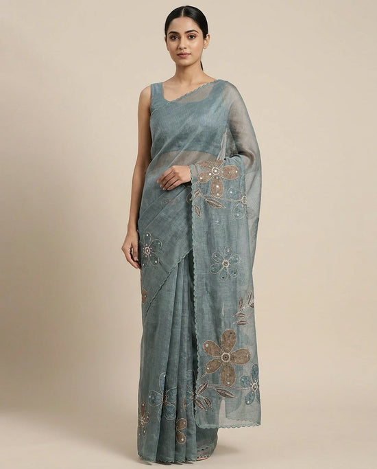 Linen Tissue Saree with Ethnic Embroidery Motif and Border view 5
