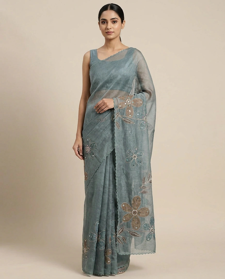 Linen Tissue Saree with Ethnic Embroidery Motif and Border view 5