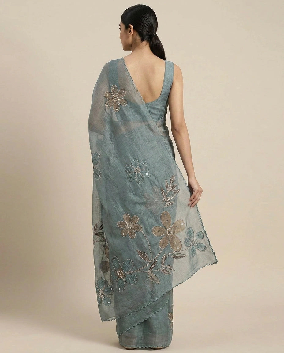 Linen Tissue Saree with Ethnic Embroidery Motif and Border view 6