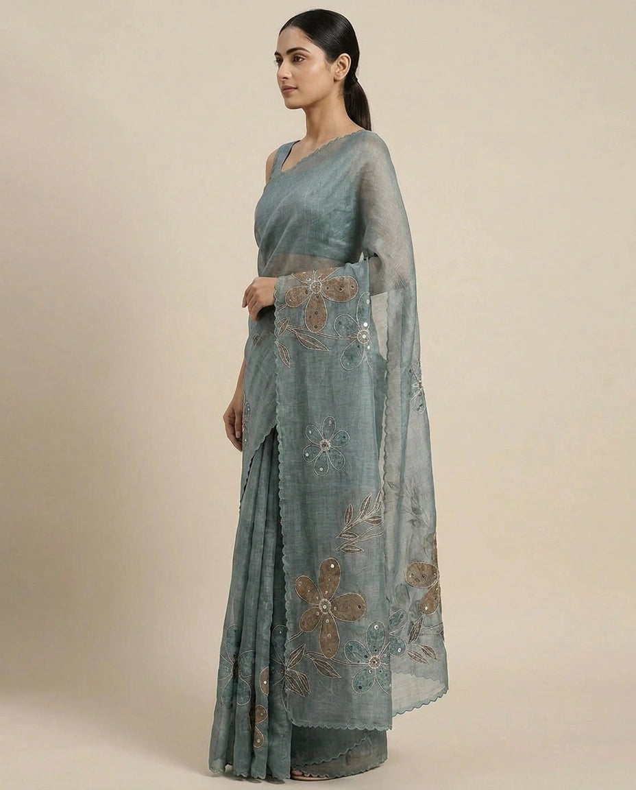 Linen Tissue Saree with Ethnic Embroidery Motif and Border view 7