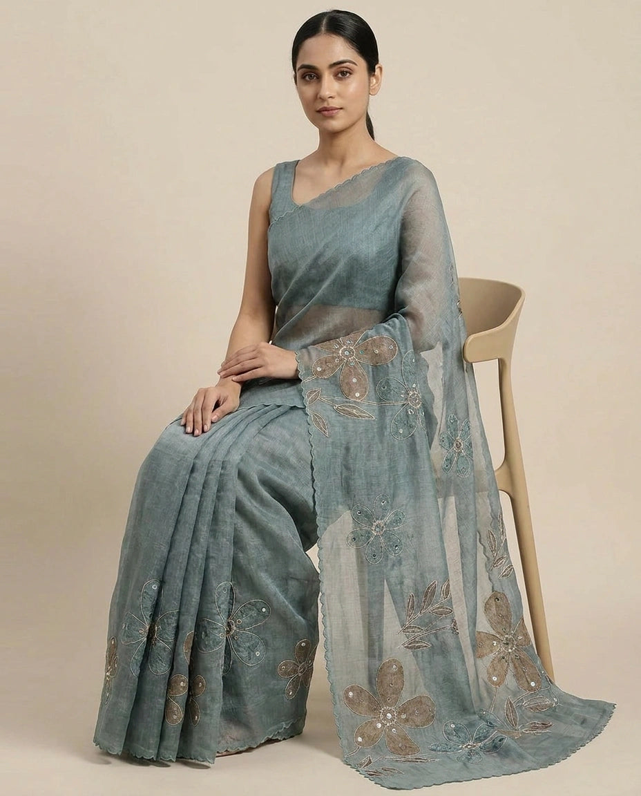 Linen Tissue Saree with Ethnic Embroidery Motif and Border view 8