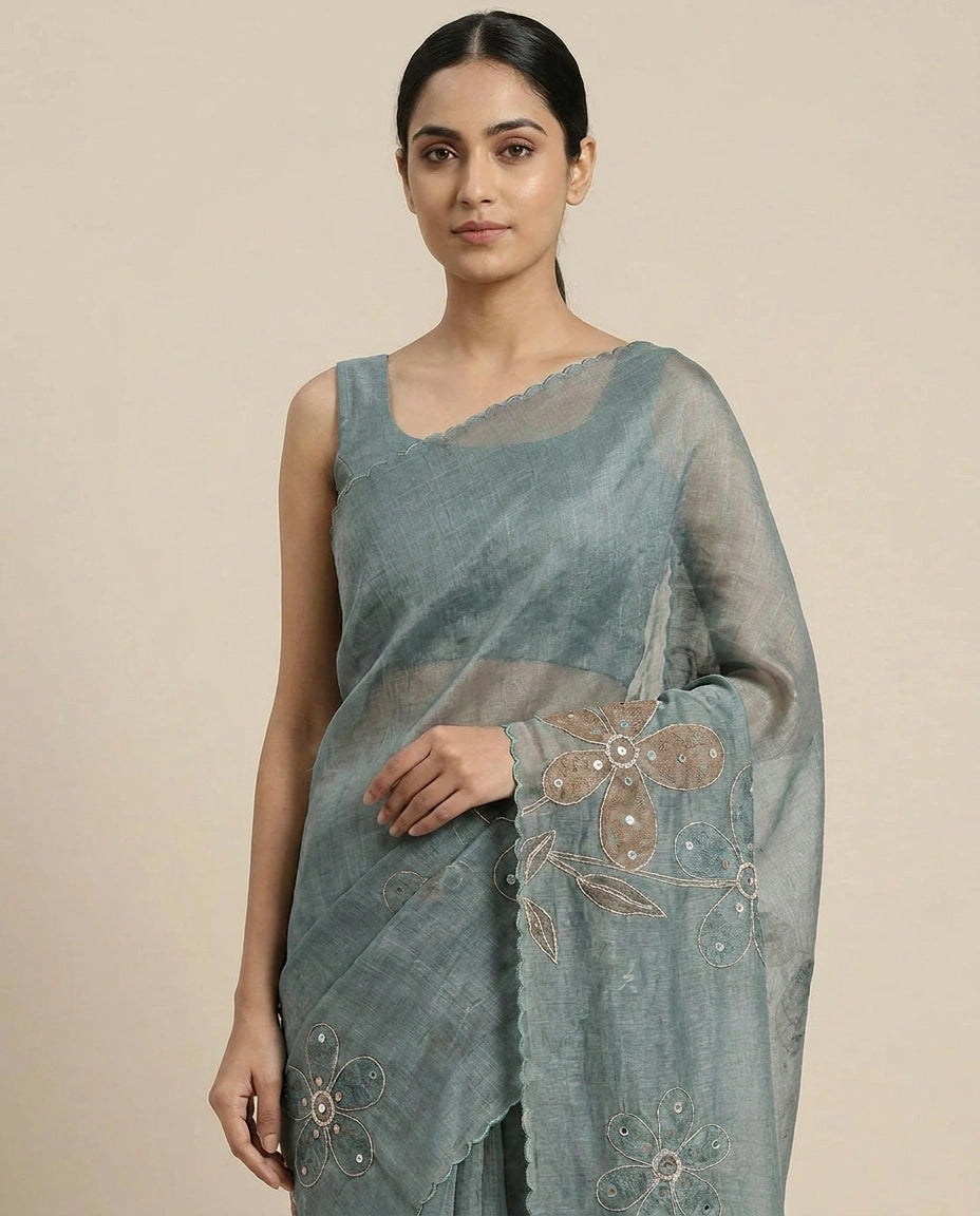 Linen Tissue Saree with Ethnic Embroidery Motif and Border view 9