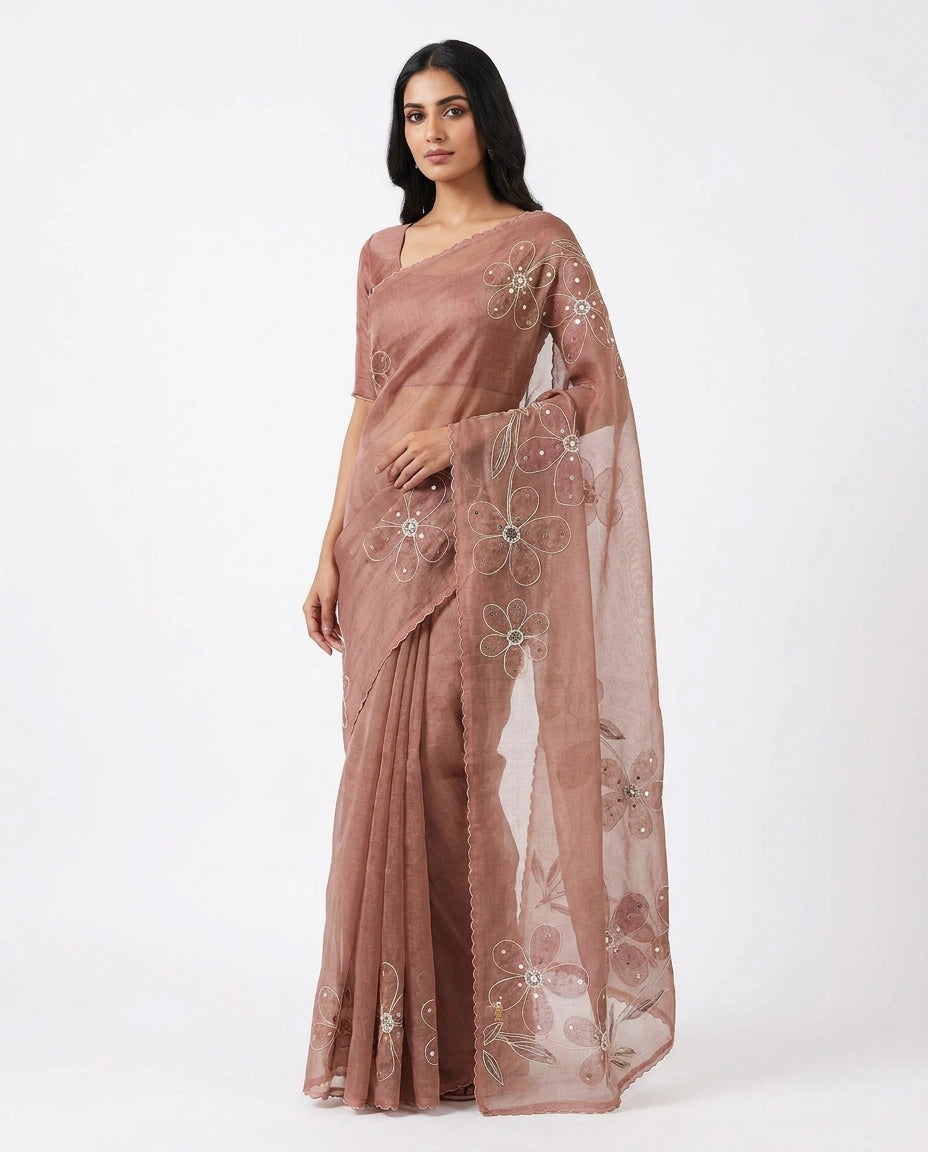 Linen Tissue Saree with Ethnic Embroidery Motif and Border view 10