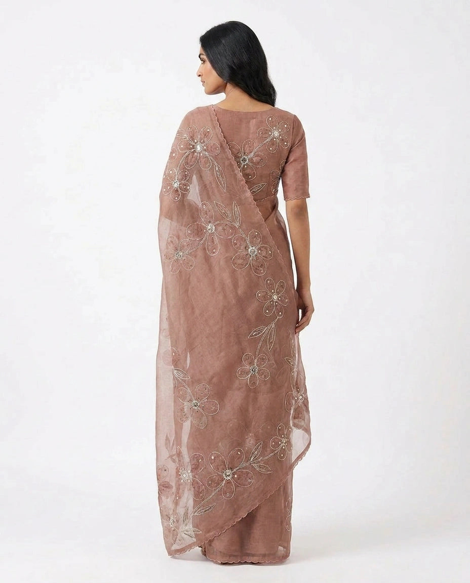 Linen Tissue Saree with Ethnic Embroidery Motif and Border view 11