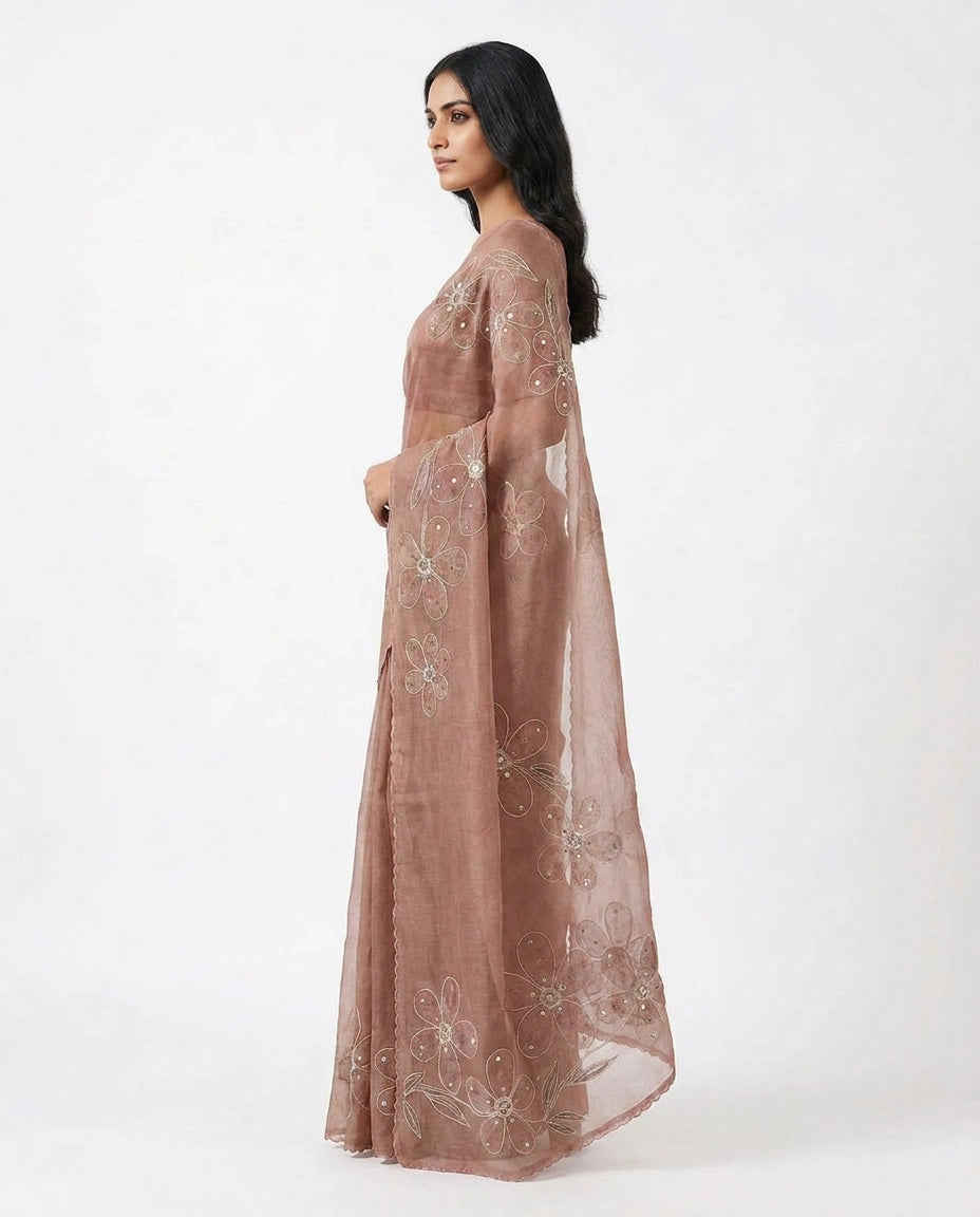 Linen Tissue Saree with Ethnic Embroidery Motif and Border view 12