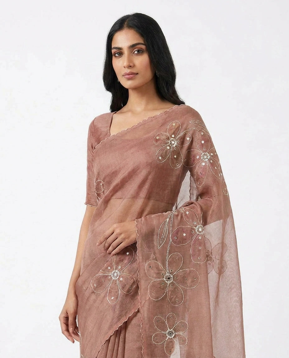 Linen Tissue Saree with Ethnic Embroidery Motif and Border view 13