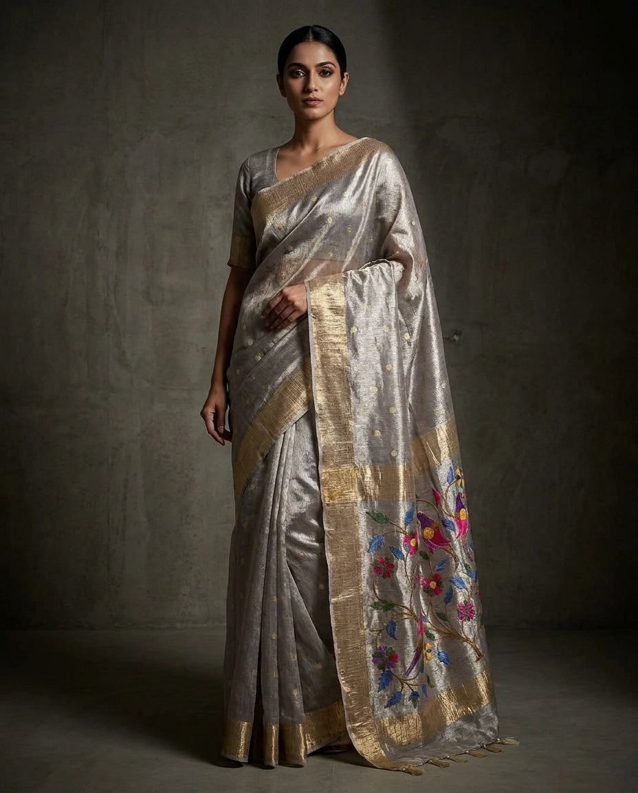 Tissue Saree with Gota Patti Embellished Border for Women - Rangoli India