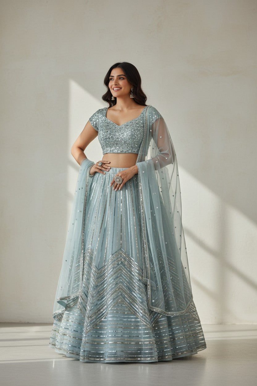 Designer Embroidered Net Lehenga Choli Set - Sky Blue | Rangoli