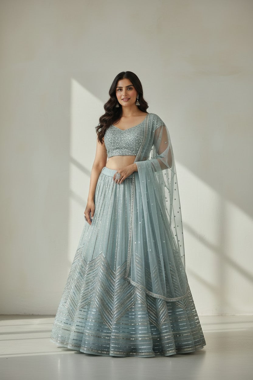 Designer Embroidered Net Lehenga Choli Set - View 3 | Rangoli