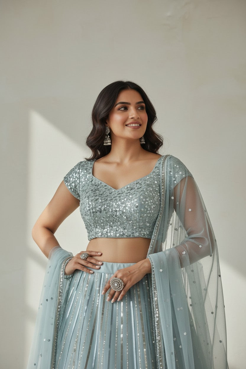Designer Embroidered Net Lehenga Choli Set - View 4 | Rangoli