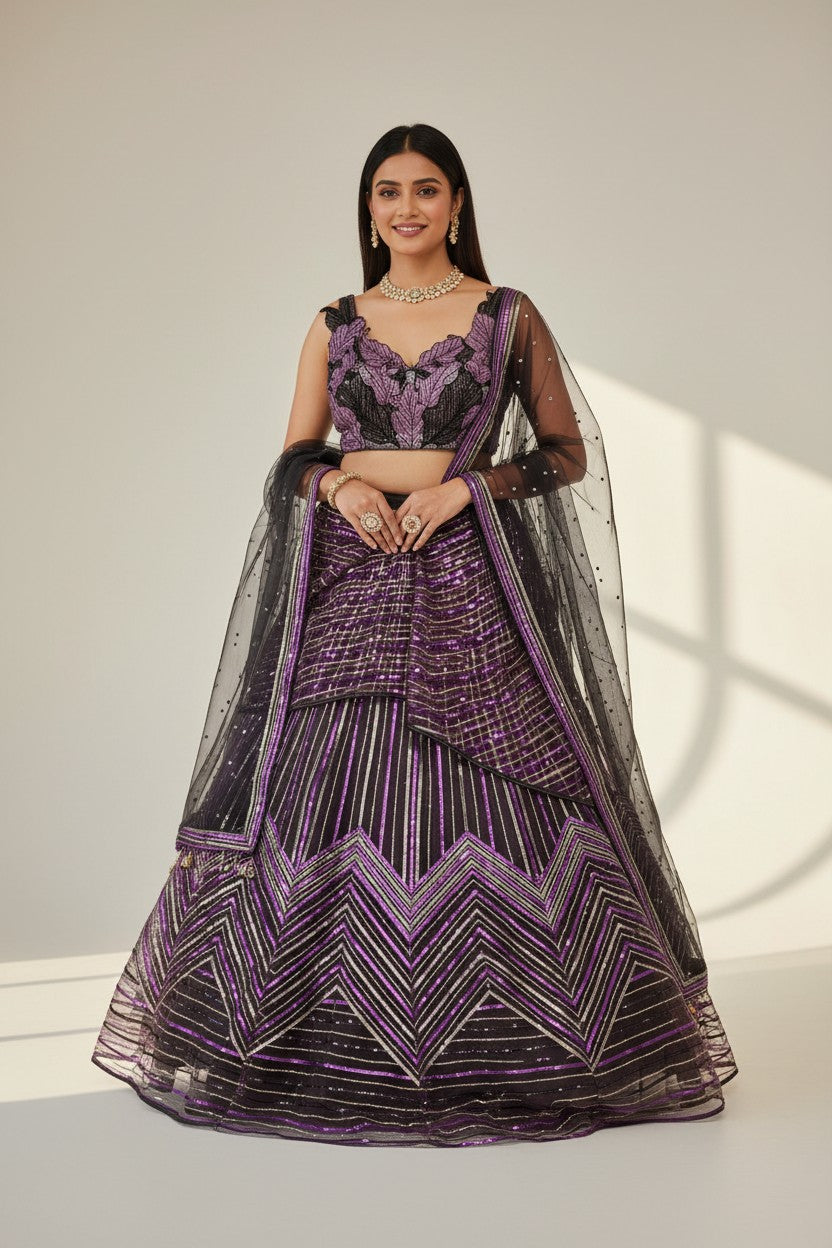 Designer Embroidered Net Lehenga Choli Set - Purple | Rangoli