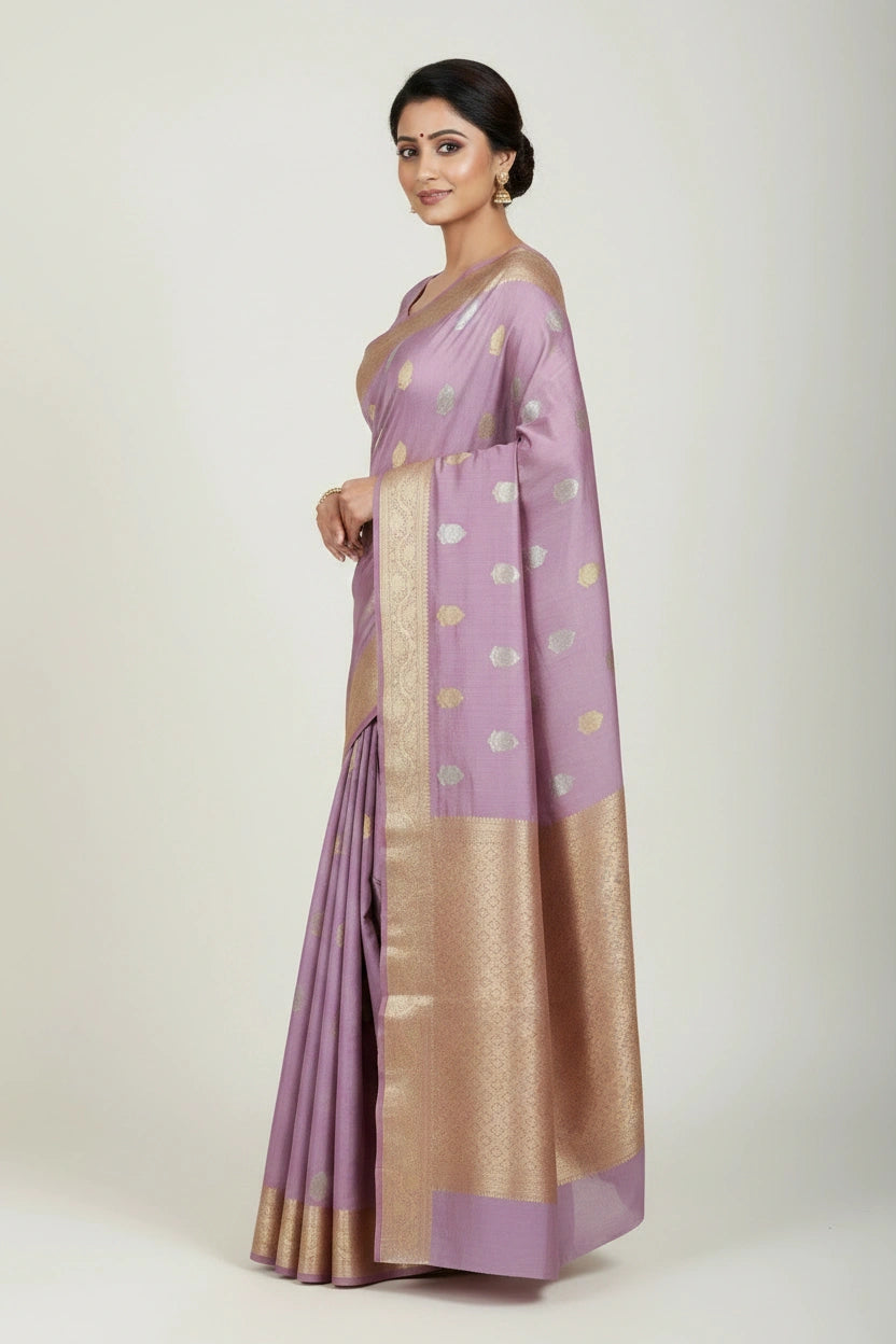 Woman wearing a lavender saree with a gold border on a white background