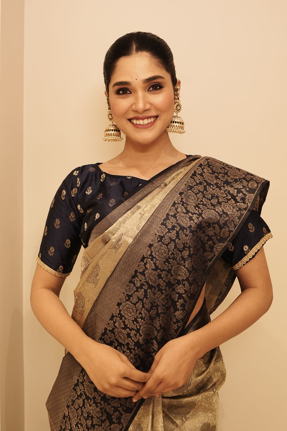 Grey Kanchipuram Silk Saree with Contrast Blue Border