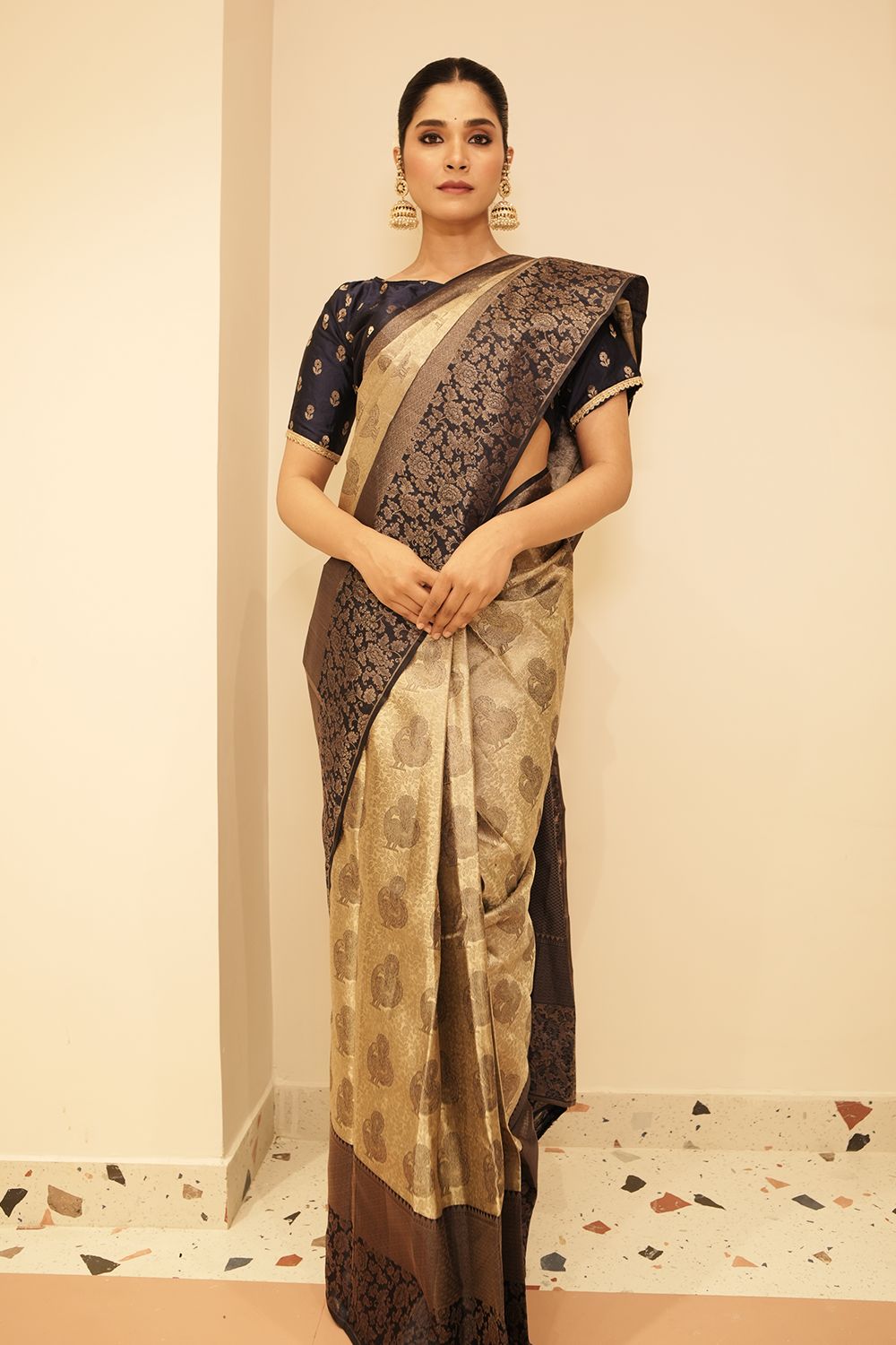 Grey Kanchipuram Silk Saree with Contrast Blue Border