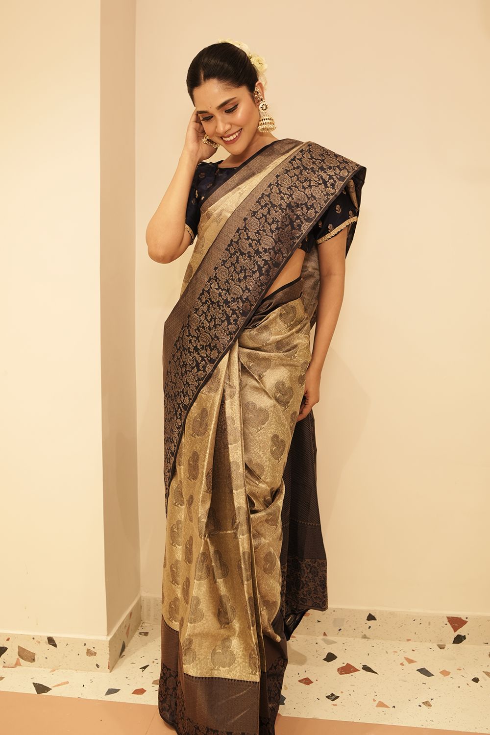 Grey Kanchipuram Silk Saree with Contrast Blue Border