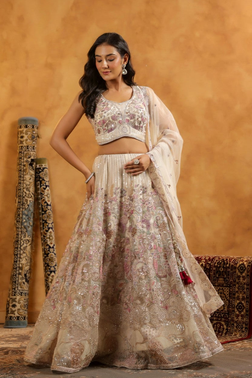 Champagne Off White Designer Embroidered Lehenga