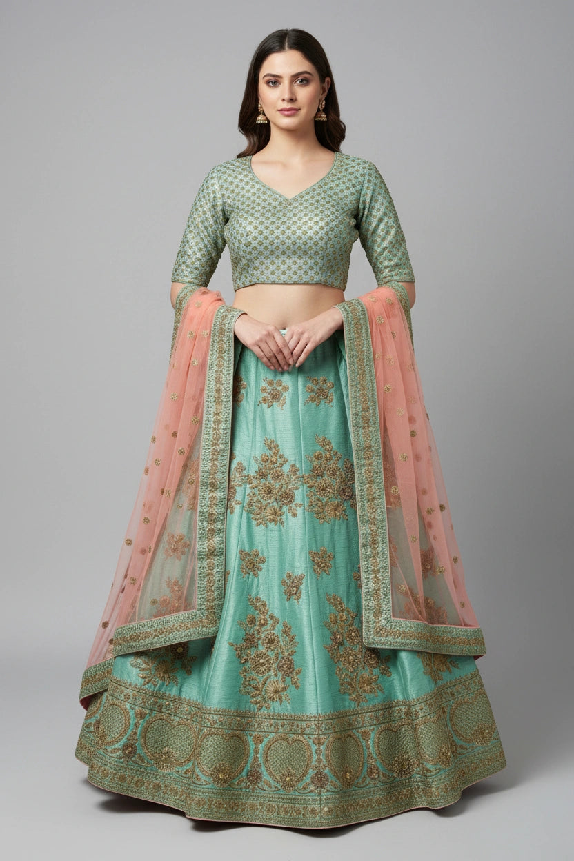 Artisan Raw Silk Lehenga Choli Set | Rangoli