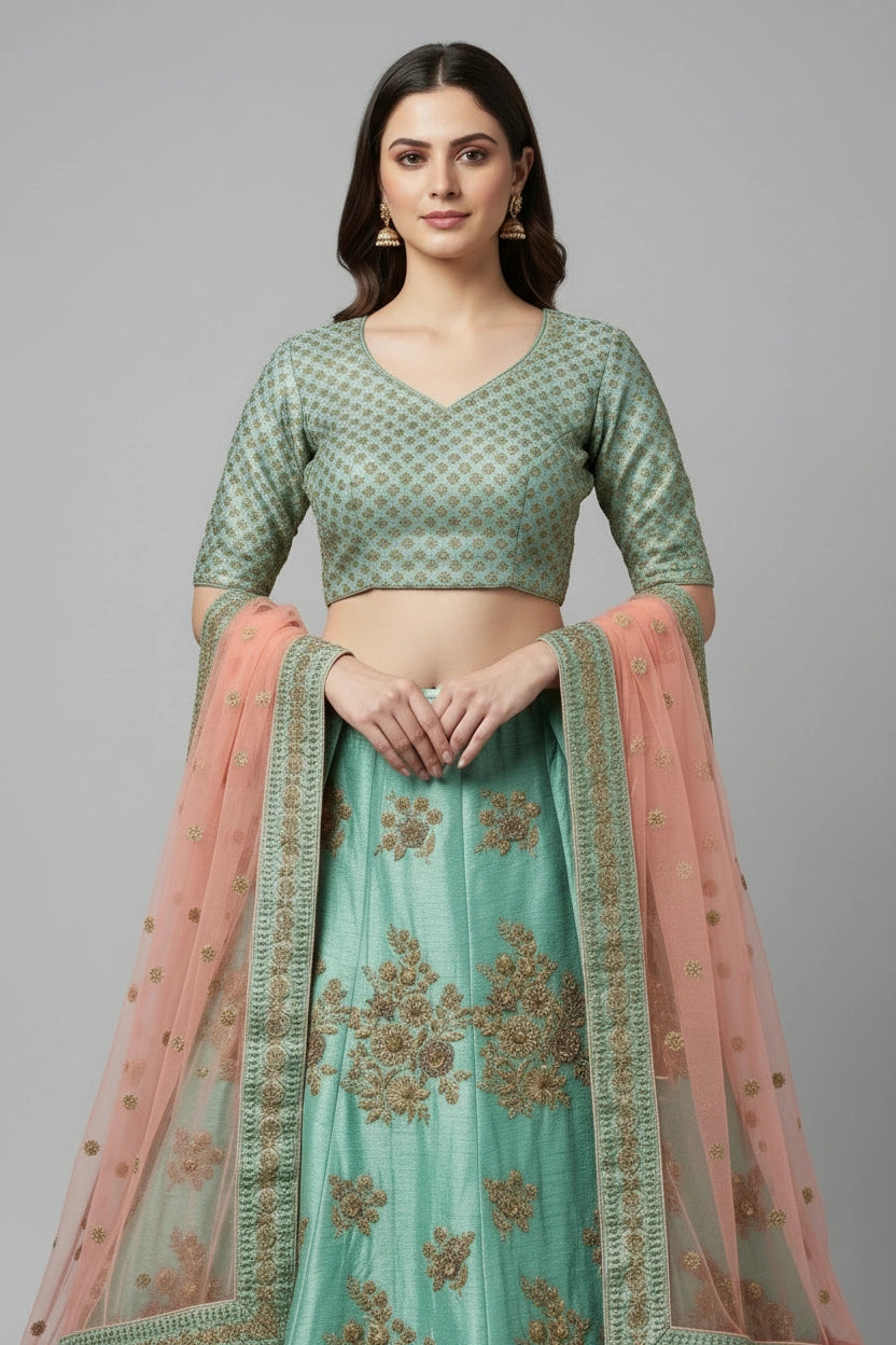 Artisan Raw Silk Lehenga Choli Set - View 2 | Rangoli