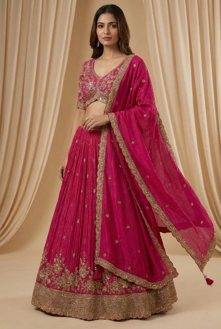 Rani Fuchsia Pink Silk Embroidered Lehenga Set - Rangoli India