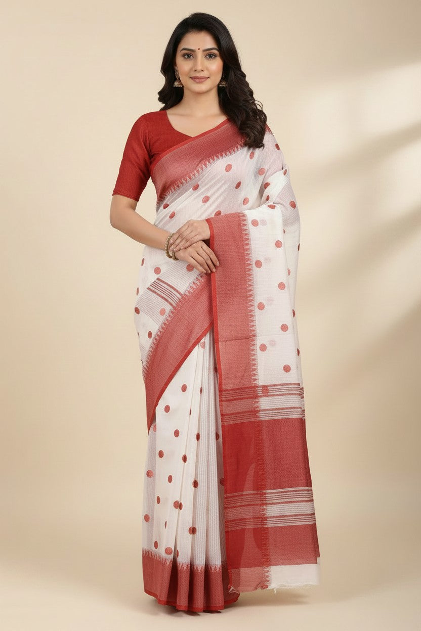 Handcrafted Pure Cotton Chapa Weave Handloom Saree - Off White/Black | Rangoli
