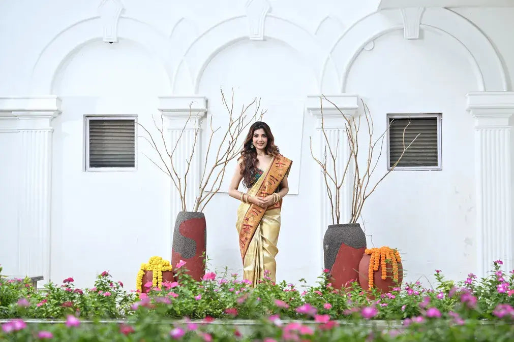 Gold Kanchipuram Saree with Woven Border - Rangoli India