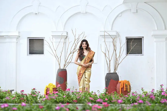 Gold Kanchipuram Saree with Woven Border - Rangoli India