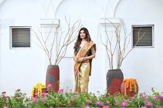 Gold Kanchipuram Saree with Woven Border - Rangoli India