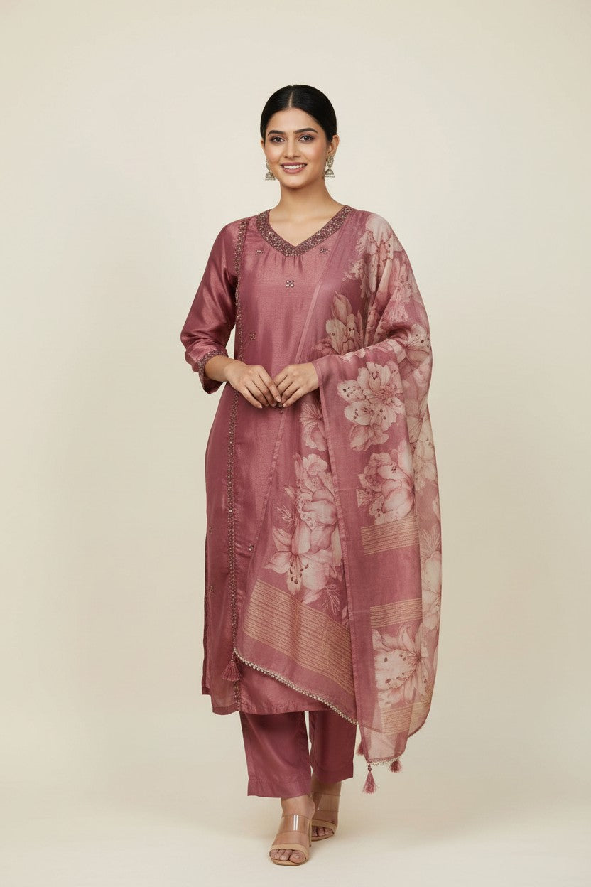 Contemporary Fandy Tissue Straight Cut Salwar Suit - Onion Pink | Rangoli