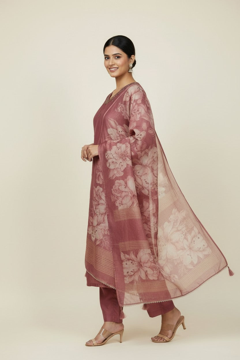 Contemporary Fandy Tissue Straight Cut Salwar Suit - Mauve | Rangoli