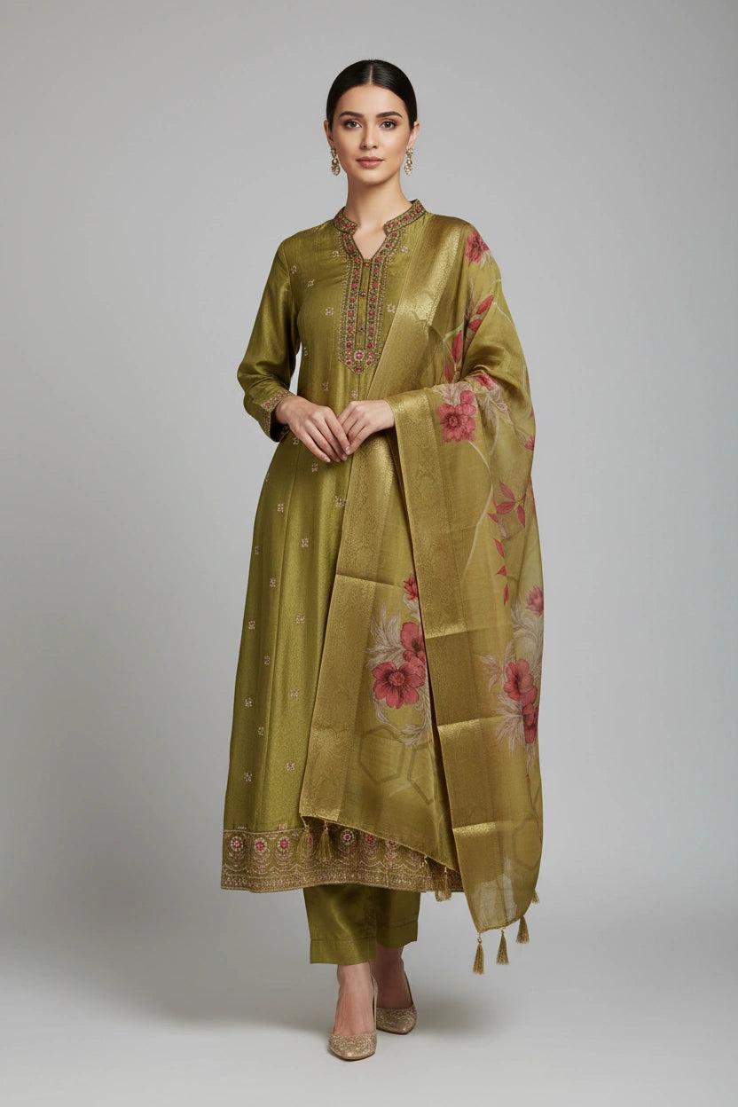 Graceful Raw Silk Anarkali Suit - Rangoli Sarees