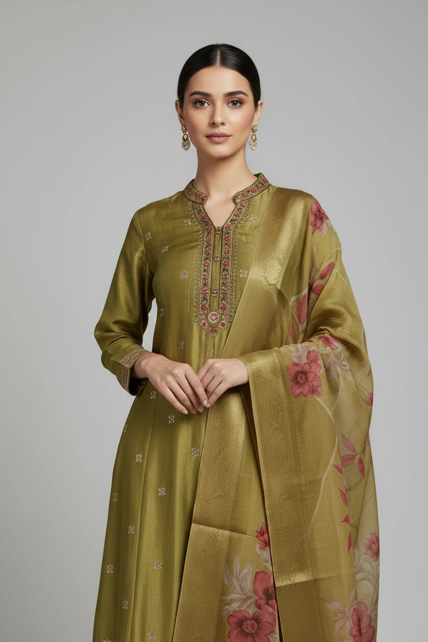 Graceful Raw Silk Anarkali Suit - Rangoli Sarees