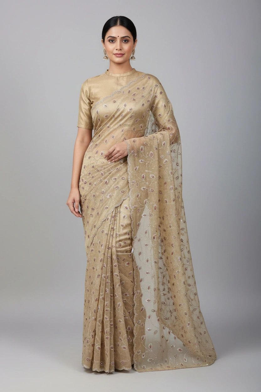 Designer Tissue Saree Embroidered Saree - Firozi Blue | Rangoli