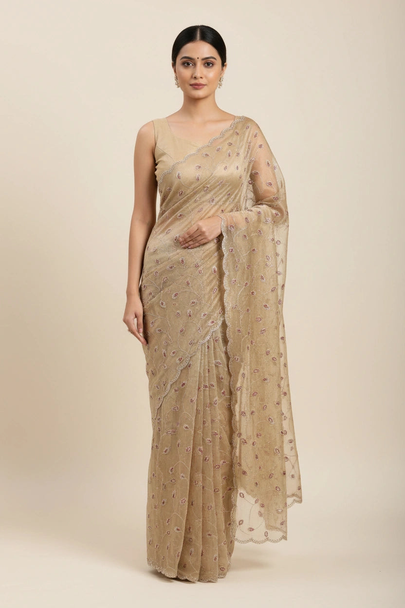 Designer Tissue Saree Embroidered Saree - Pink | Rangoli
