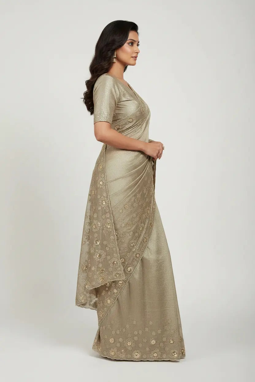 Woman wearing a beige saree with a plain background