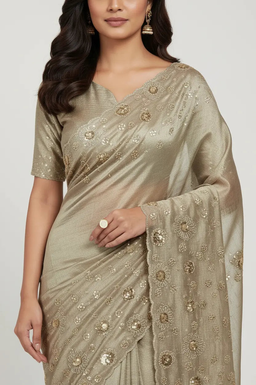 Woman wearing a beige saree with floral patterns on a white background