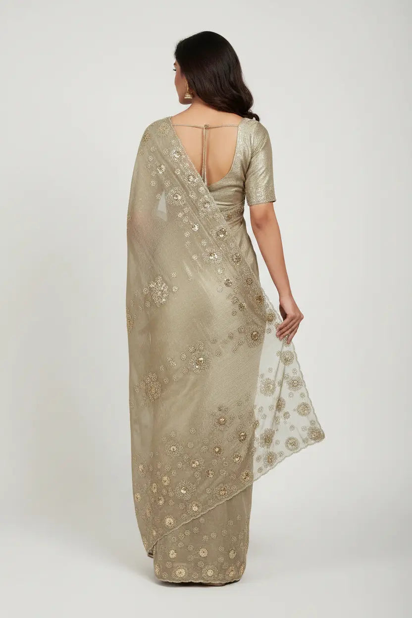 Woman wearing a beige saree with floral patterns on a white background